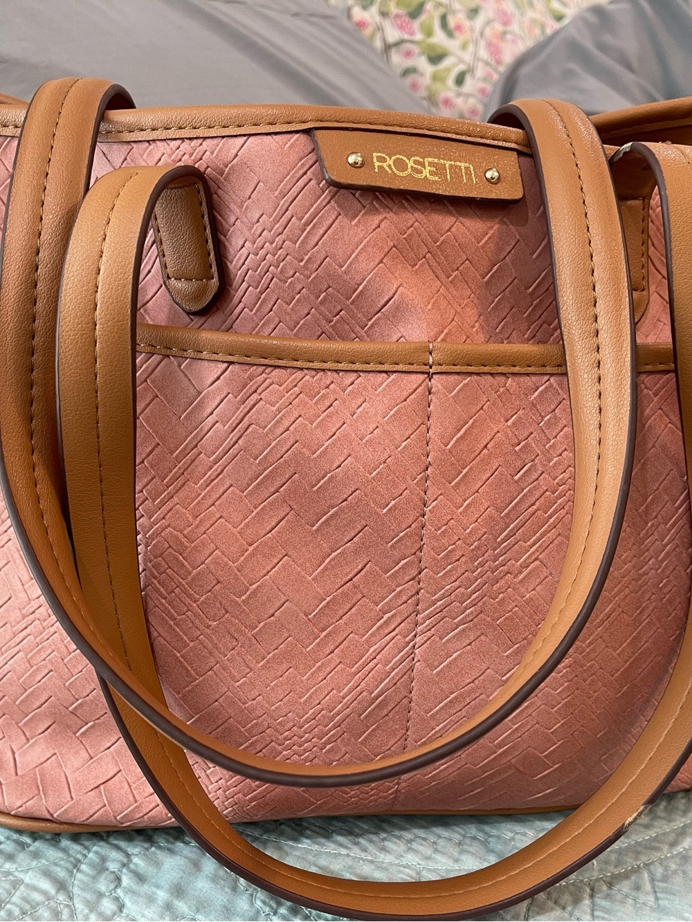 Rosetti Salmon Pink Woven Tote with Tan Trim